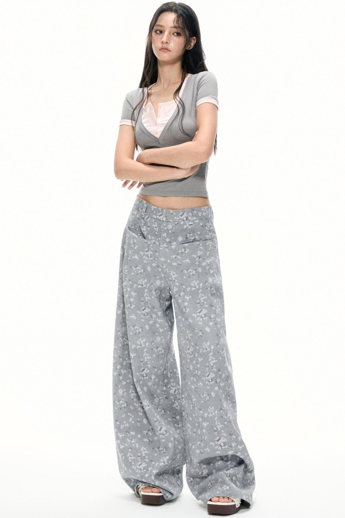 Gray Floral Wide-Leg Pants