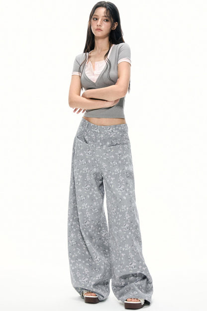 Gray Floral Wide-Leg Pants