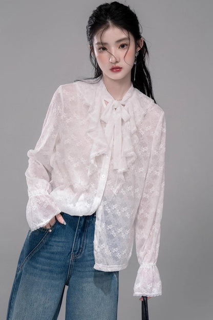 White Cloud Gauze Ruffled Shirt Set