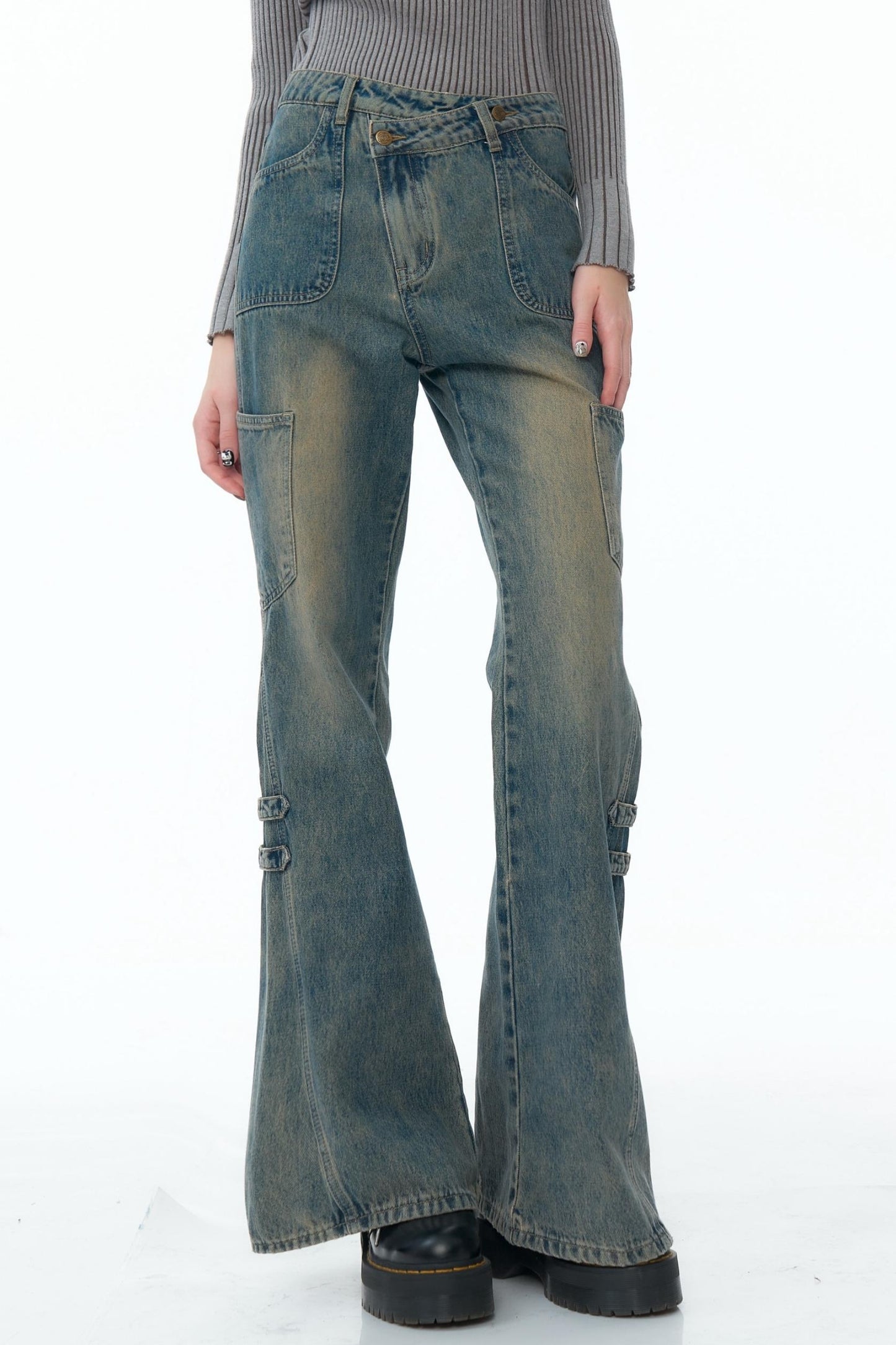 High-Waisted Washed Bootcut Pants