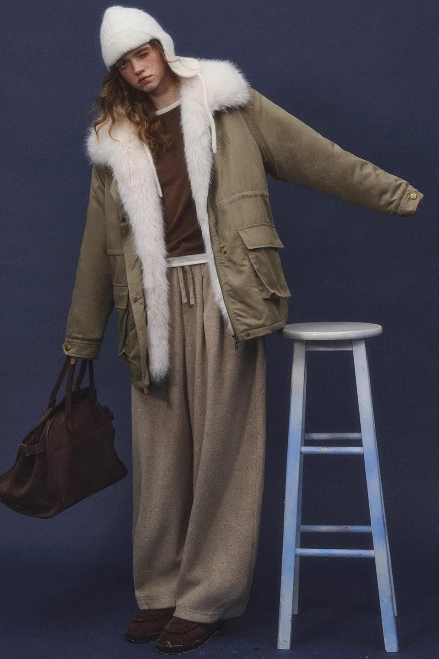 Velvet-Feel Curved-Leg Pants