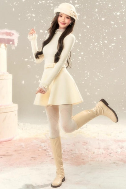 Lace High-Neck Knitted Dress