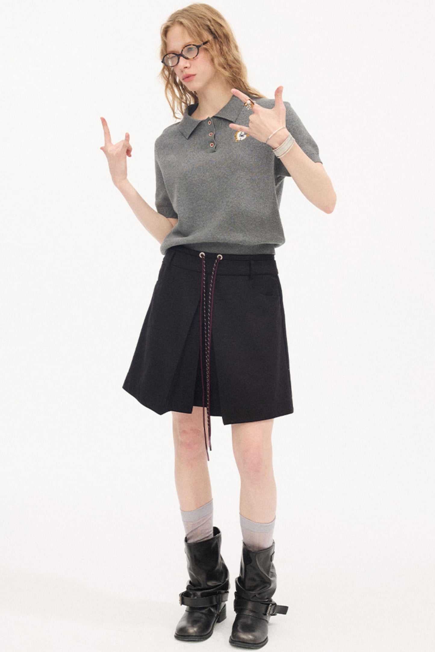 Color-Block Tie Pleated Skirt