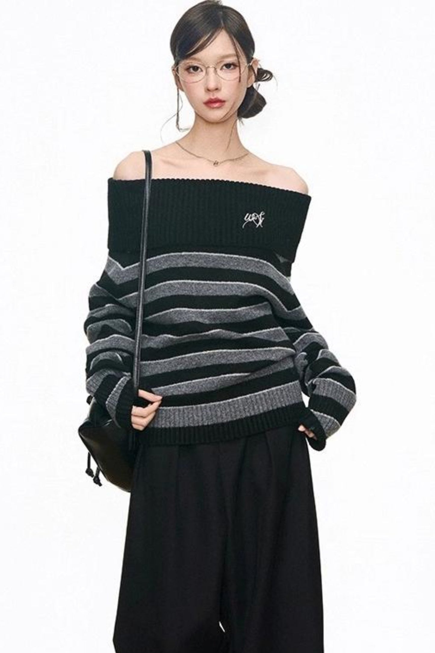 Lazy Striped One-Shoulder Sweater & Wide-Leg Pants Set-Up