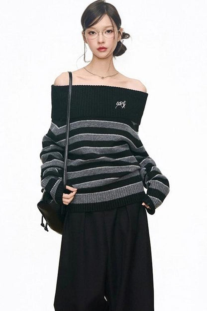 Lazy Striped One-Shoulder Sweater & Wide-Leg Pants Set-Up