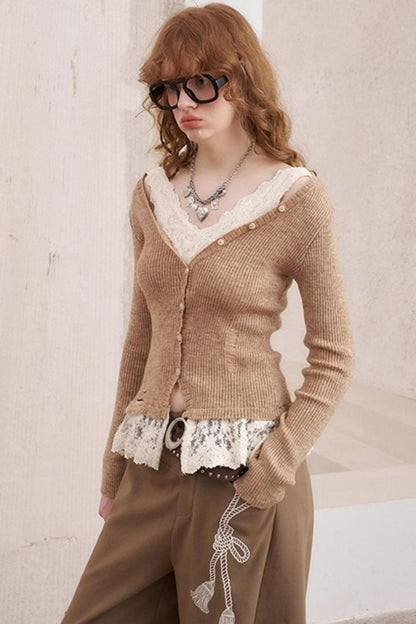 Lace Panel V-Neck Knitted Cardigan