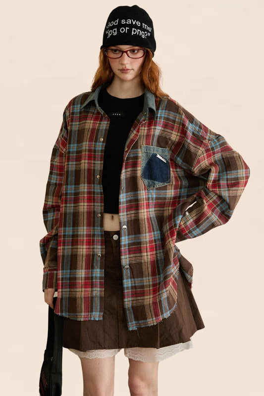 EZEK American Vintage Plaid Frayed Shirt Women's Street Casual Long Sleeve Autumn Shirt Loose Trendy Jacket