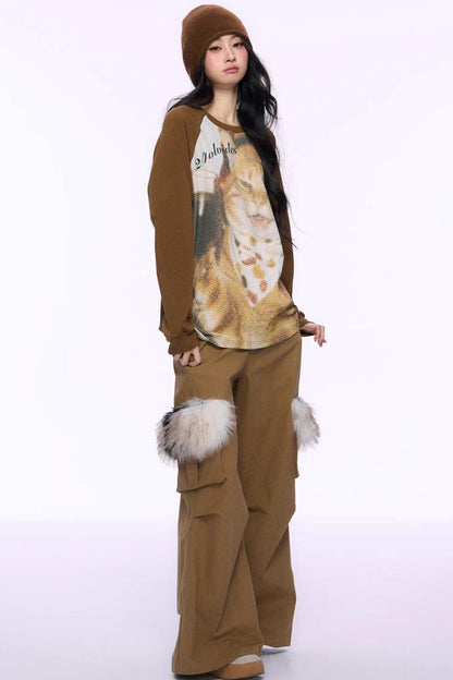 Cat Print Raglan Knit Top