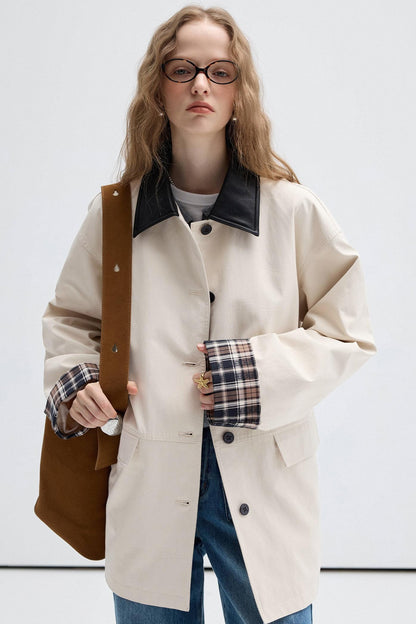 Check Contrast PU Leather Trench Coat