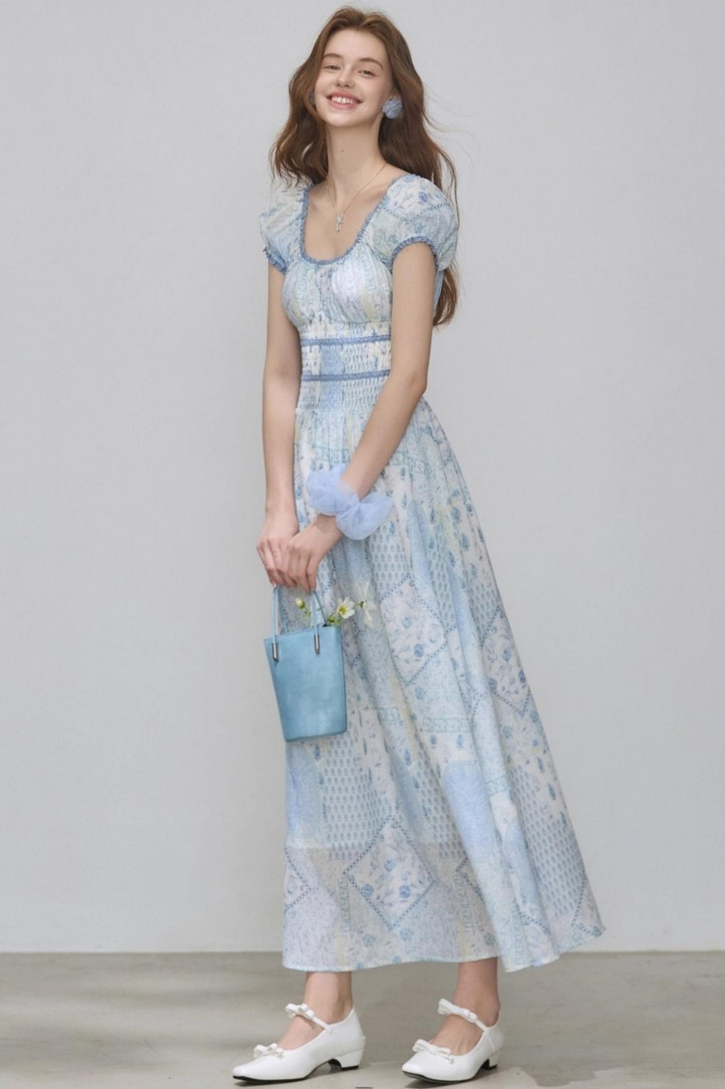 Puff Sleeves Waist Slim Long Dress