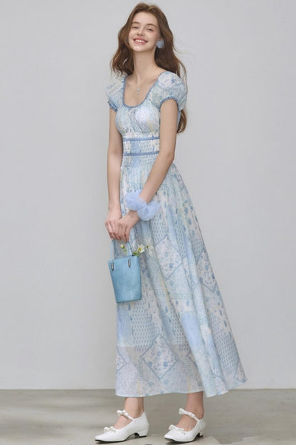 Puff Sleeves Waist Slim Long Dress