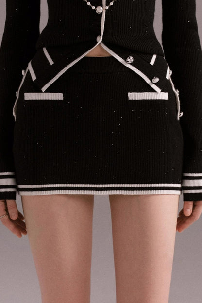 Hot Girl Contrast Knit Cardigan Suit Set-Up