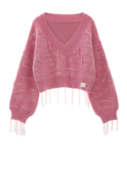 MAMC Formel beschnitten bestickte Fleece-Pullover Rosa Slouchy Premium stricken lose lässige Jacke Jacke