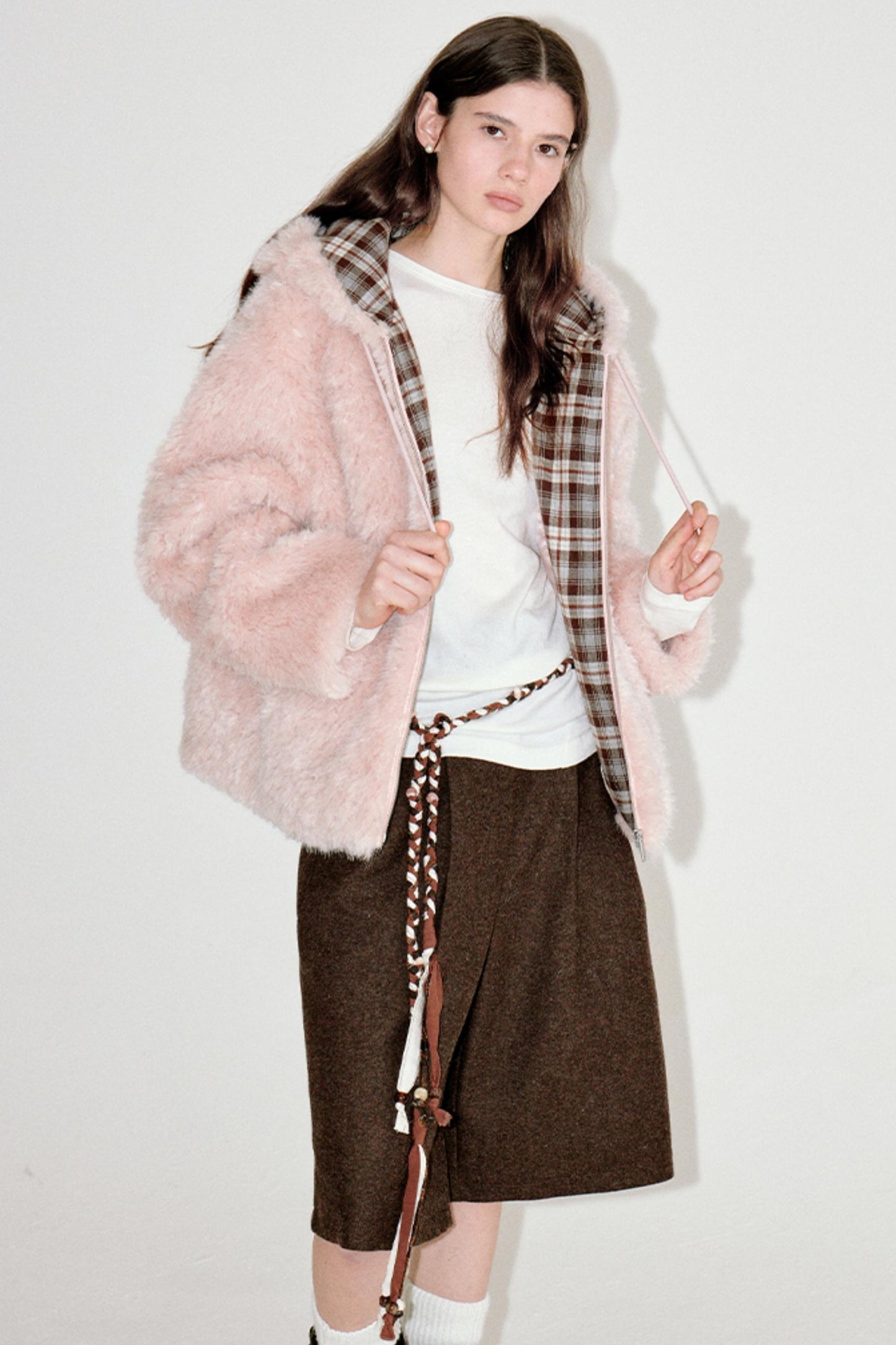 Pink Plaid Patchwork Hooded Coat