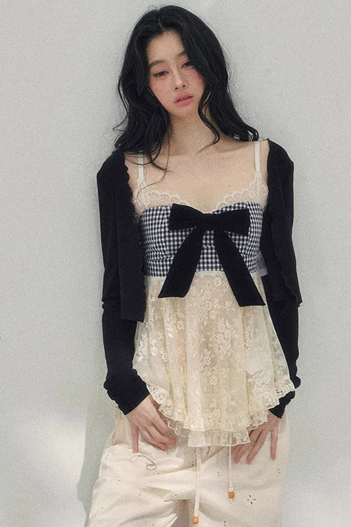 Bow Lace Plaid Top Set-Up