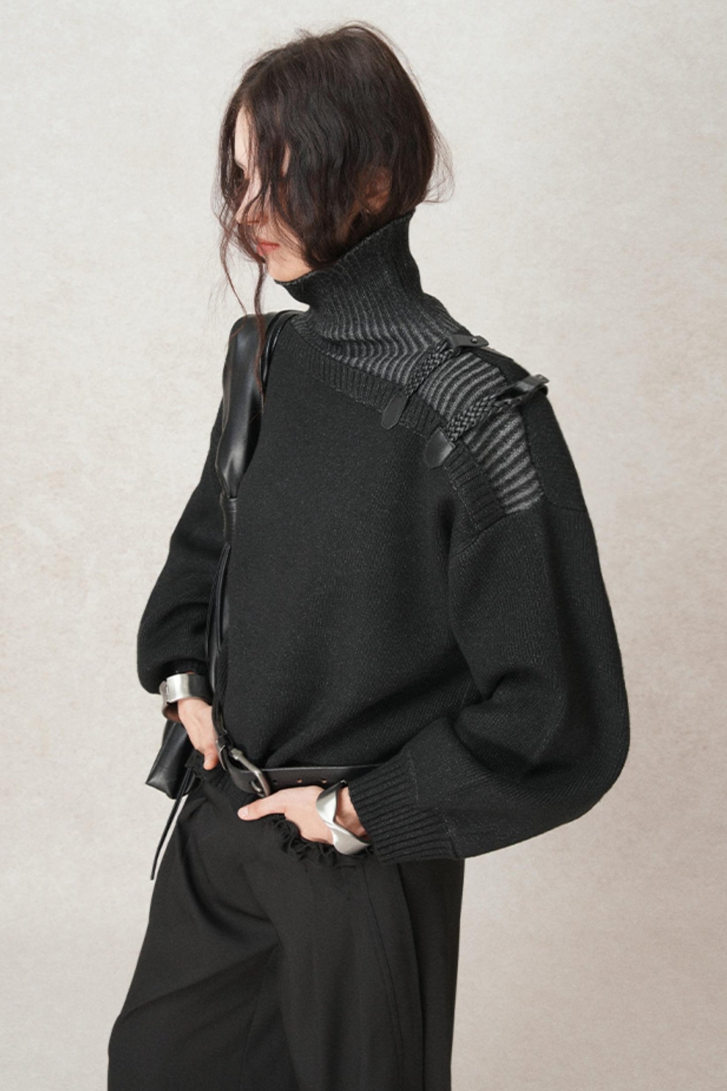 Hand-Woven Leather Loop Sweater