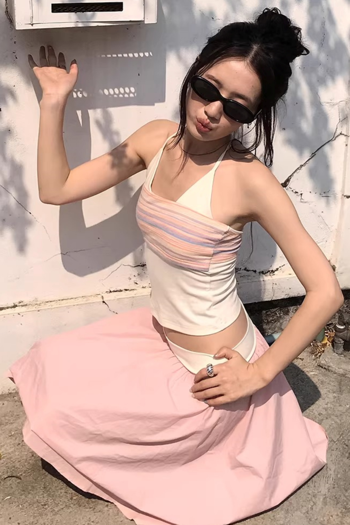 Striped Two-Tone Layered Skirt Set