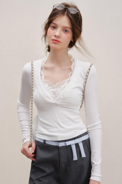 Lace V-Neck Knit Sweater Set-Up