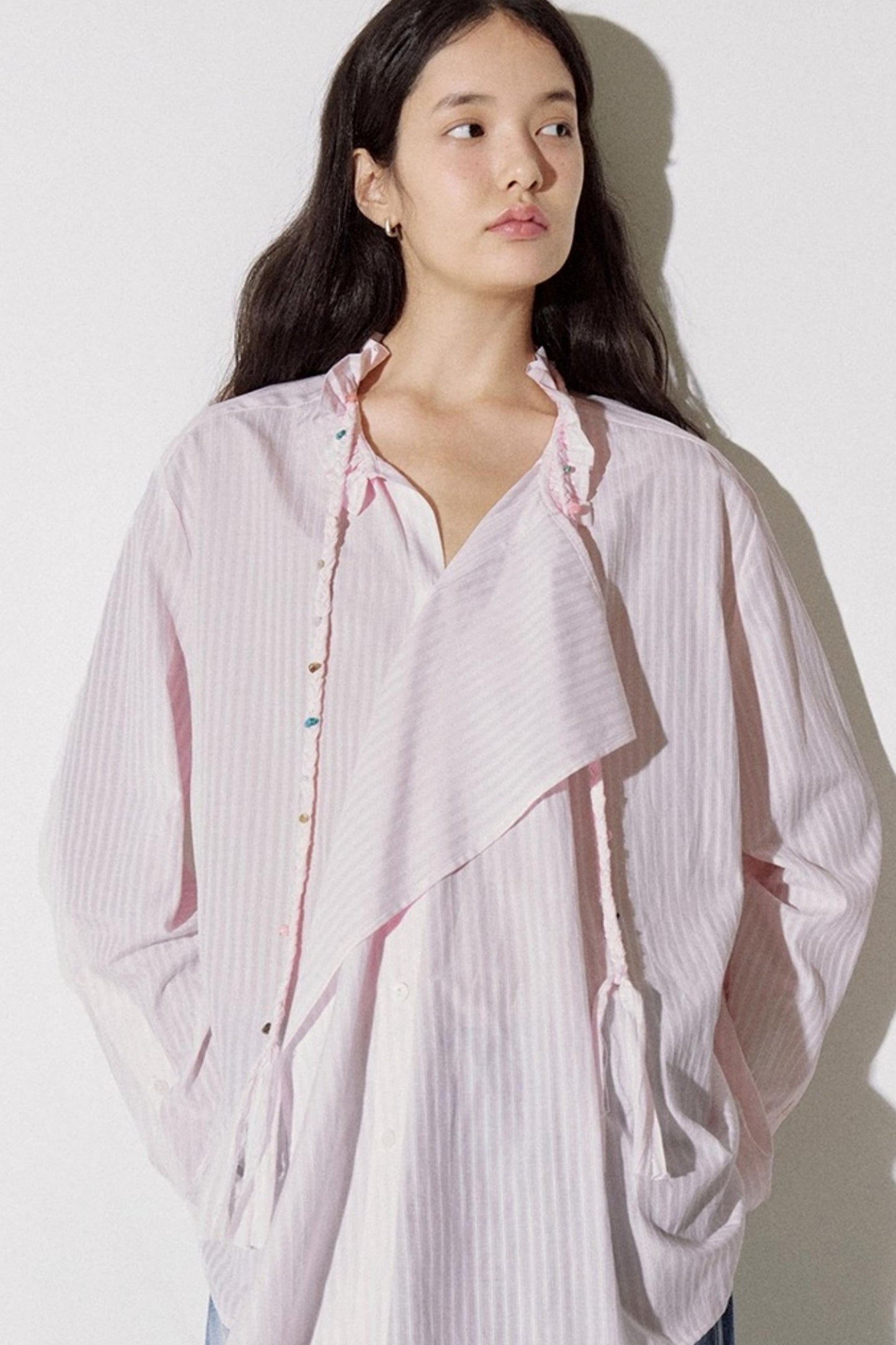 Asymmetrical Ruffle Striped Shirt
