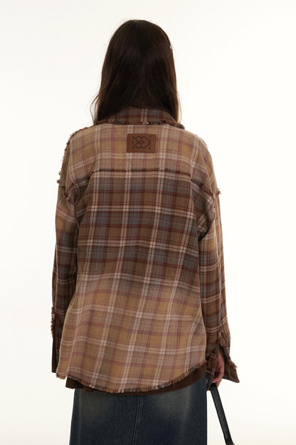 Spray Color Raw Edge Check Casual Shirt