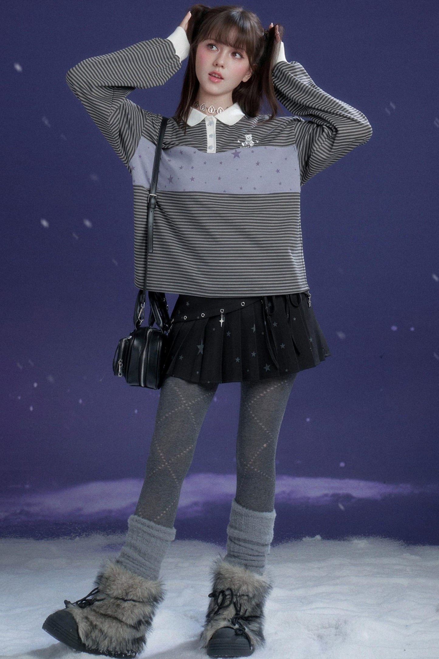 Gray and Purple Striped Polo Top