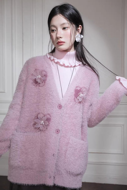 Pink Feather Flower Cardigan