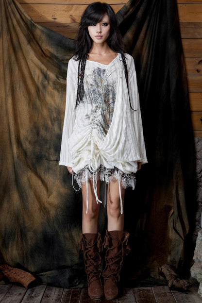 Vintage Lace-Up Knitted V-Neck T-Shirt