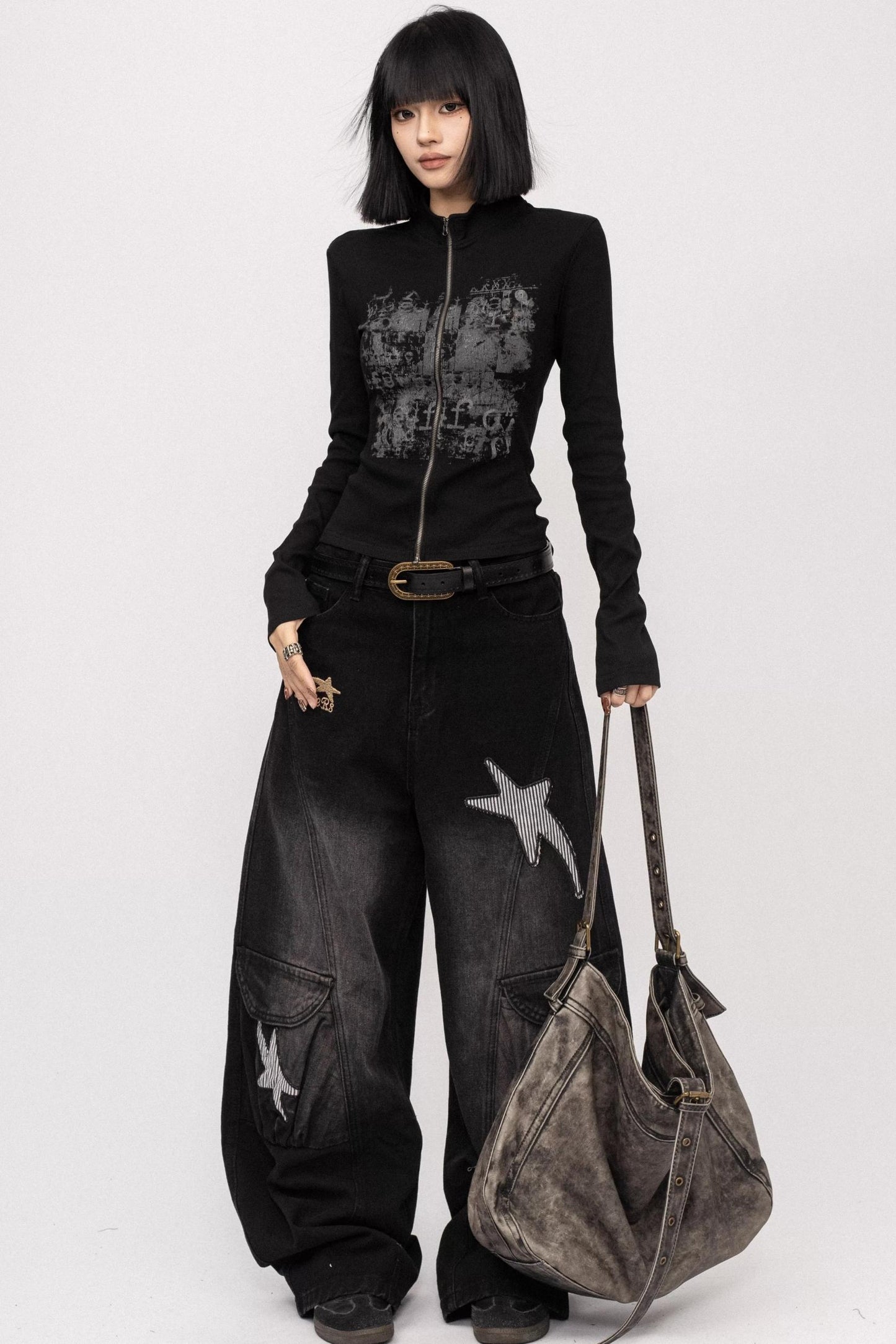 Vintage Distressed Star Embroidered Wide-Leg Cargo Pants