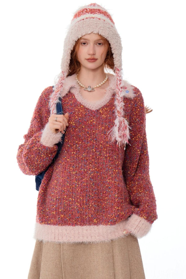 레트로 핑크 퍼지 폴로 넥 톱 