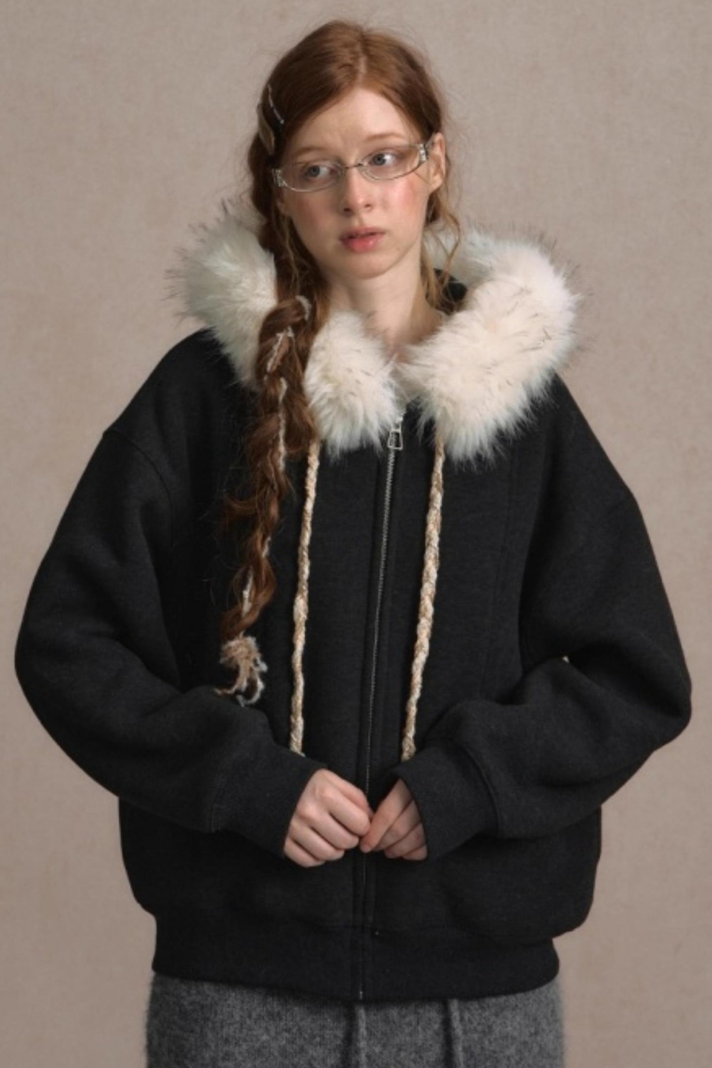 Loose Fur Collar Hooded Zipper Jacket