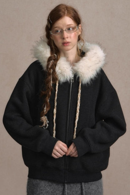 Loose Fur Collar Hooded Zipper Jacket