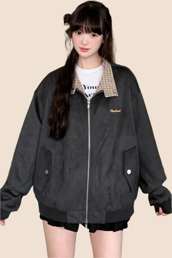 American Vintage Lapel Embroidered Suede Jacket