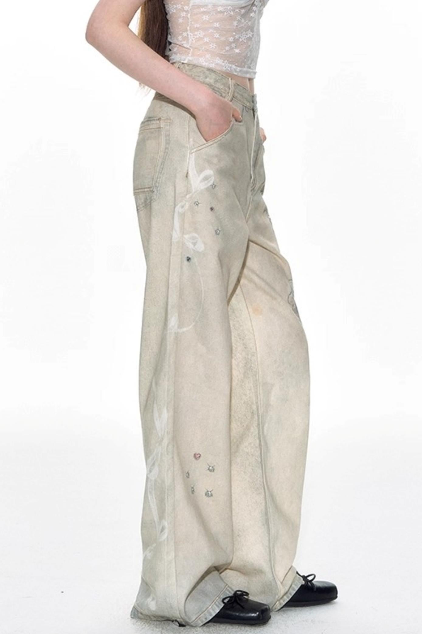 Hand-Painted 3D Printed Womens Wide-Leg Pants