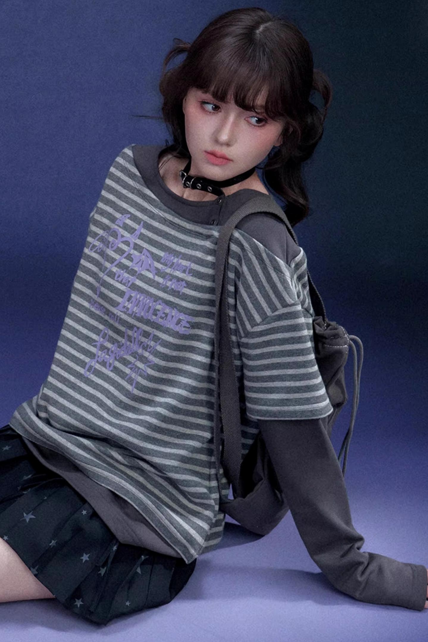 Dark Gray Striped Graffiti Print Top