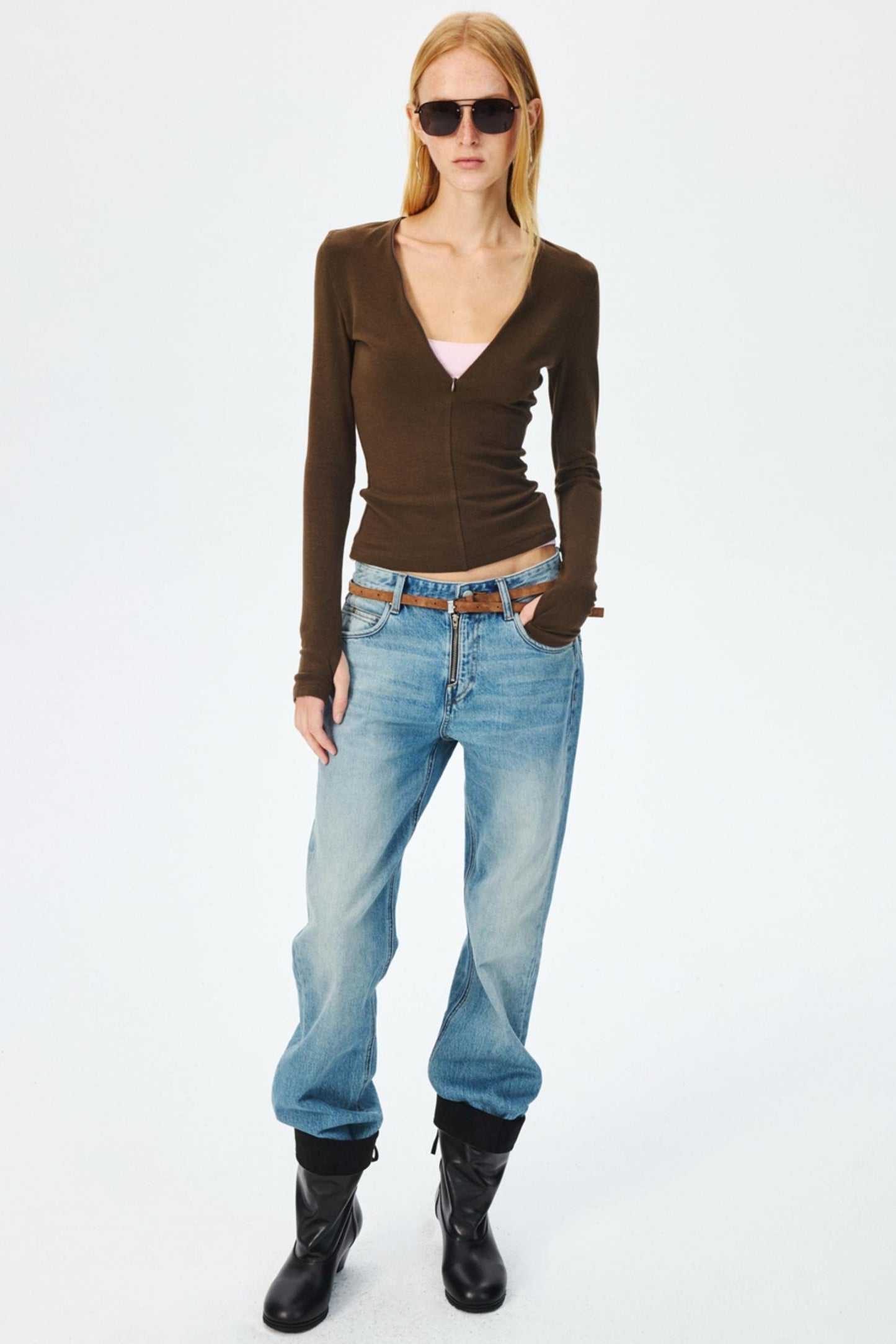 Narrow Suede Cowhide Brown Belt