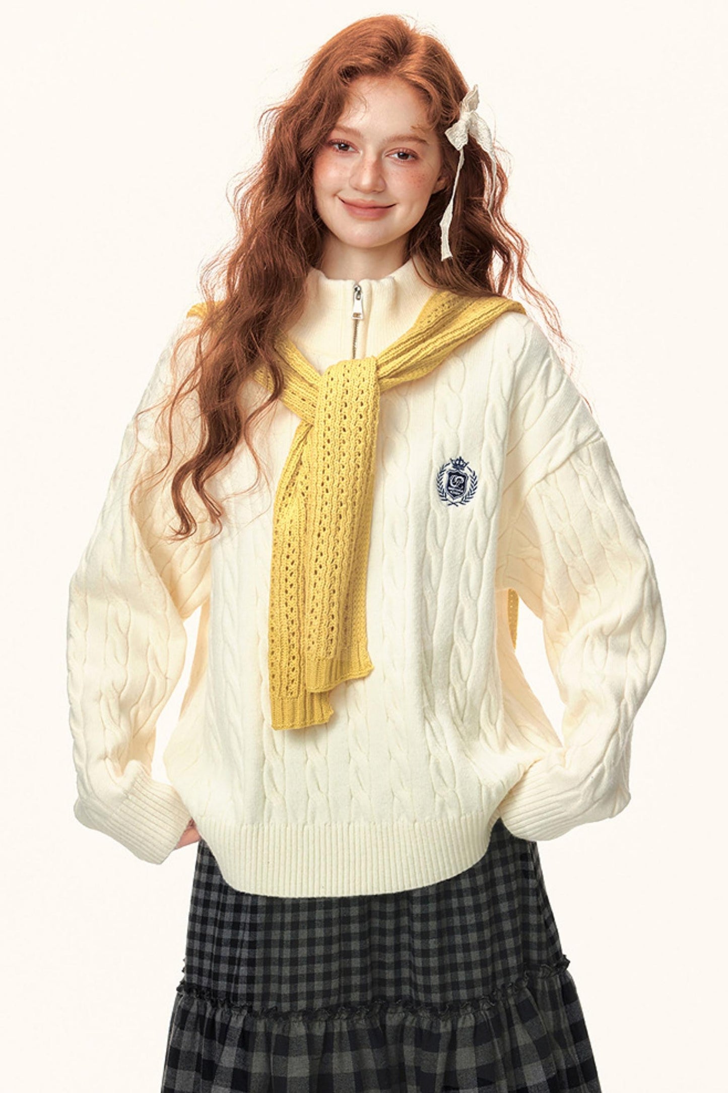 French Cable Knit Polo Sweater Top