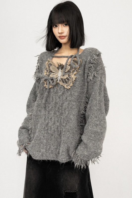 Fringe Lace-Up Butterfly Sweater