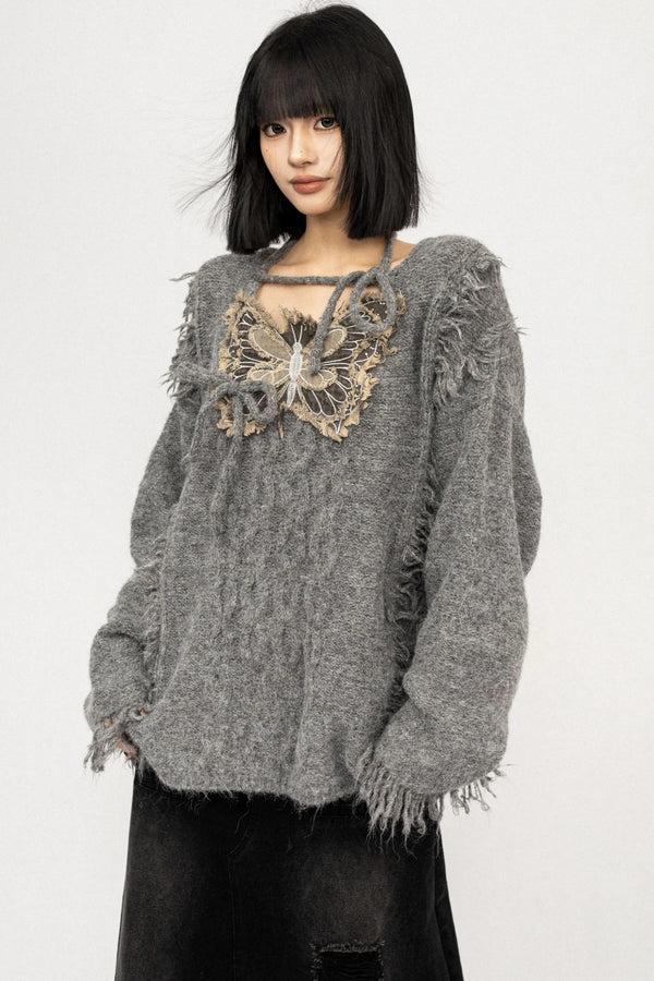 Fringe Lace-Up Butterfly Sweater