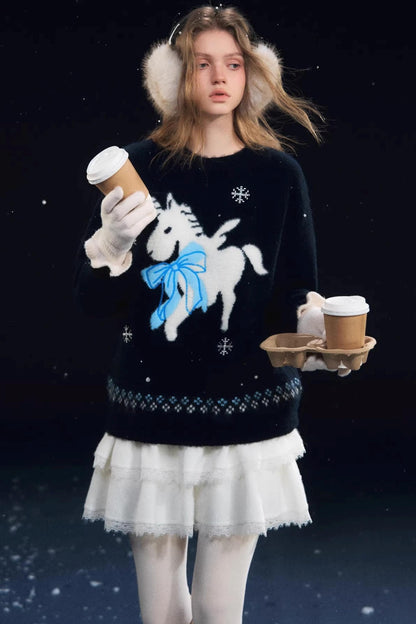 Snowflake Pony Soft Round Neck Sweater