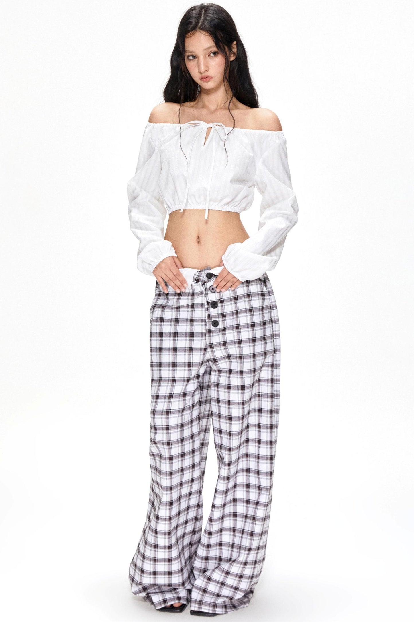 Summer Plaid Wide-Leg Pants