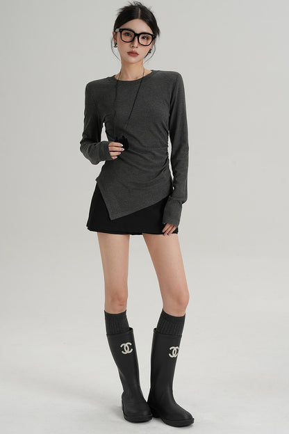 Shoulder Pads Hem Slit Long Sleeve T-shirt