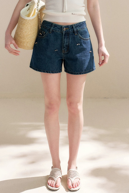 Soft Cotton Bowknot Denim Shorts
