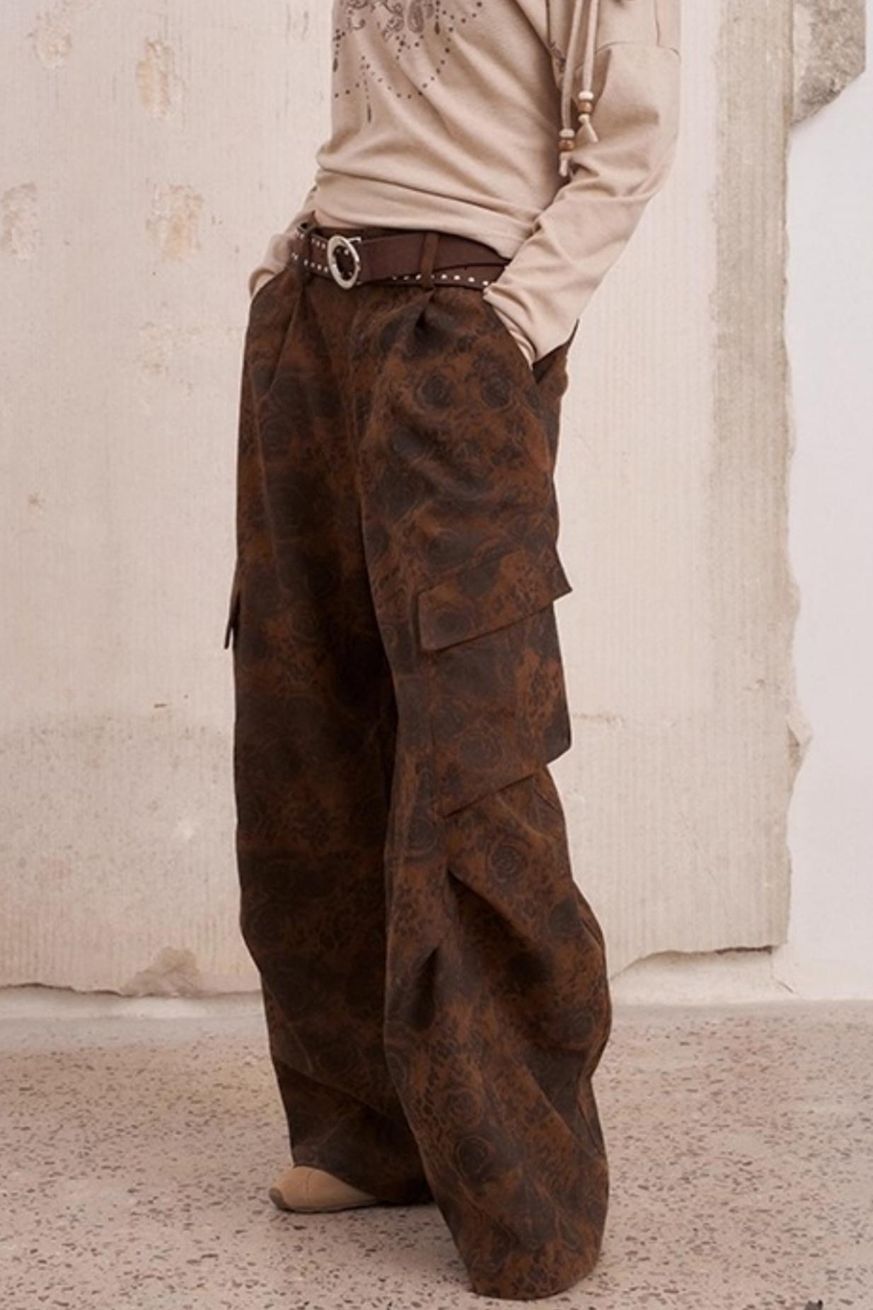 Vintage Print Loose Cargo Pants