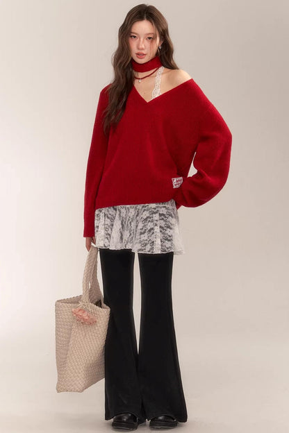 Asgony Red Retro Knit Sweater