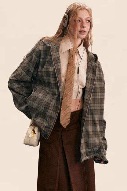 Retro Plaid Contrast Hooded Jacket