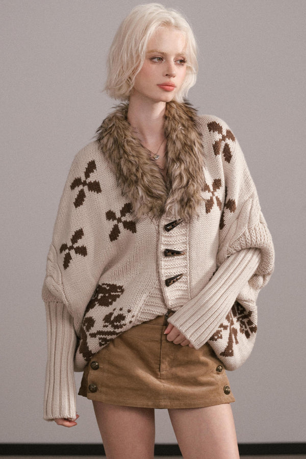 Jacquard Fur Collar Batwing Jacket