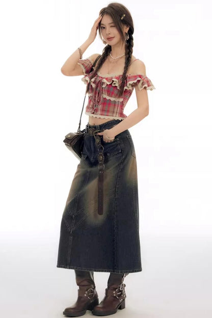 Chemisier rétro à carreaux à épaules dénudées