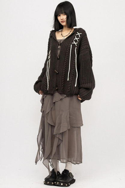 American Retro Knitted Hooded Cardigan