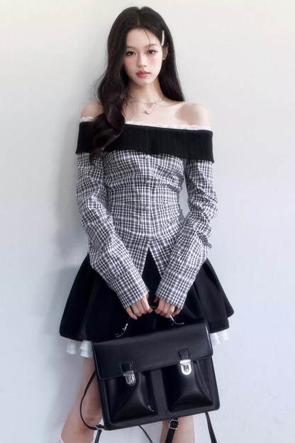 Plaid Off-Shoulder Blouse
