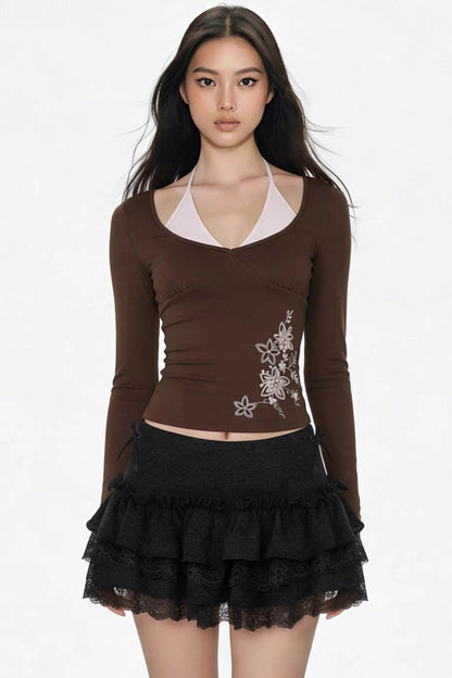 컬러 블록 플로럴 자수 탑